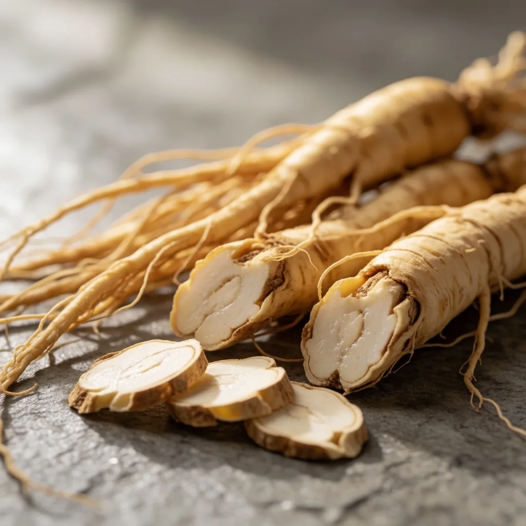 Fresh ginseng roots on a concrete slab