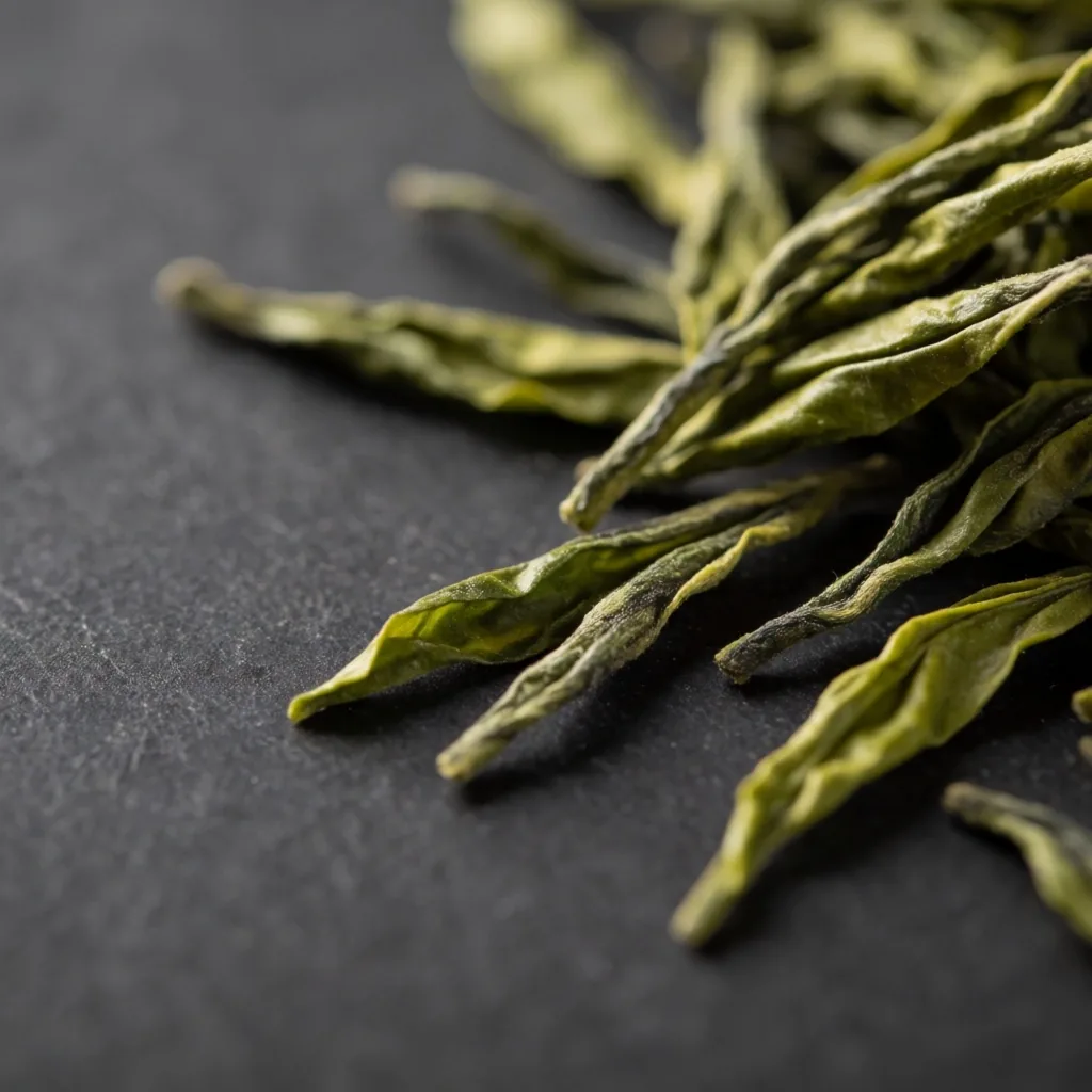 Dried green tea leaves on a stone surface