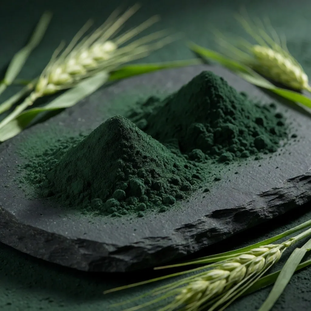 Spirulina and wheatgrass powder on stone