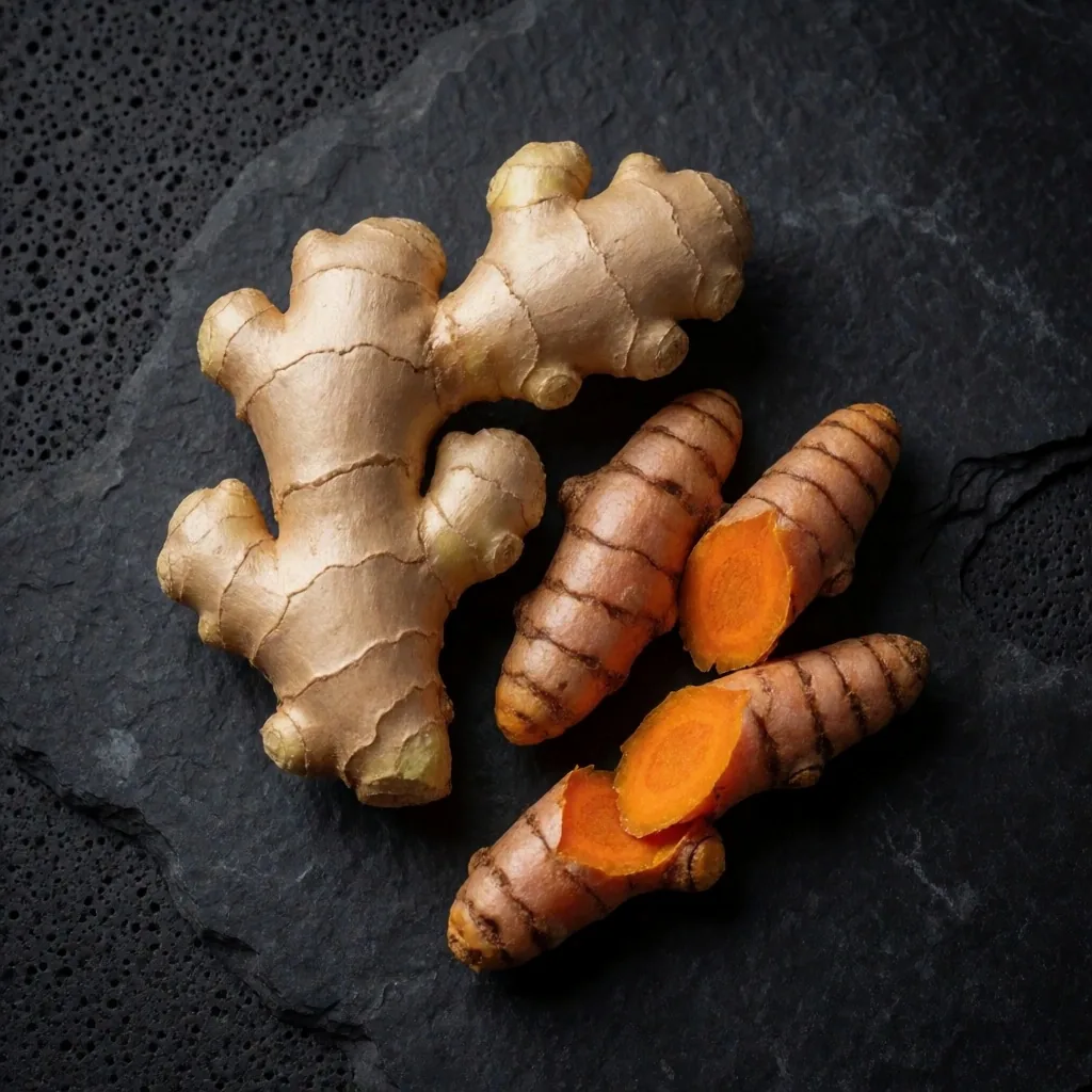 Turmeric and ginger roots arranged on stone