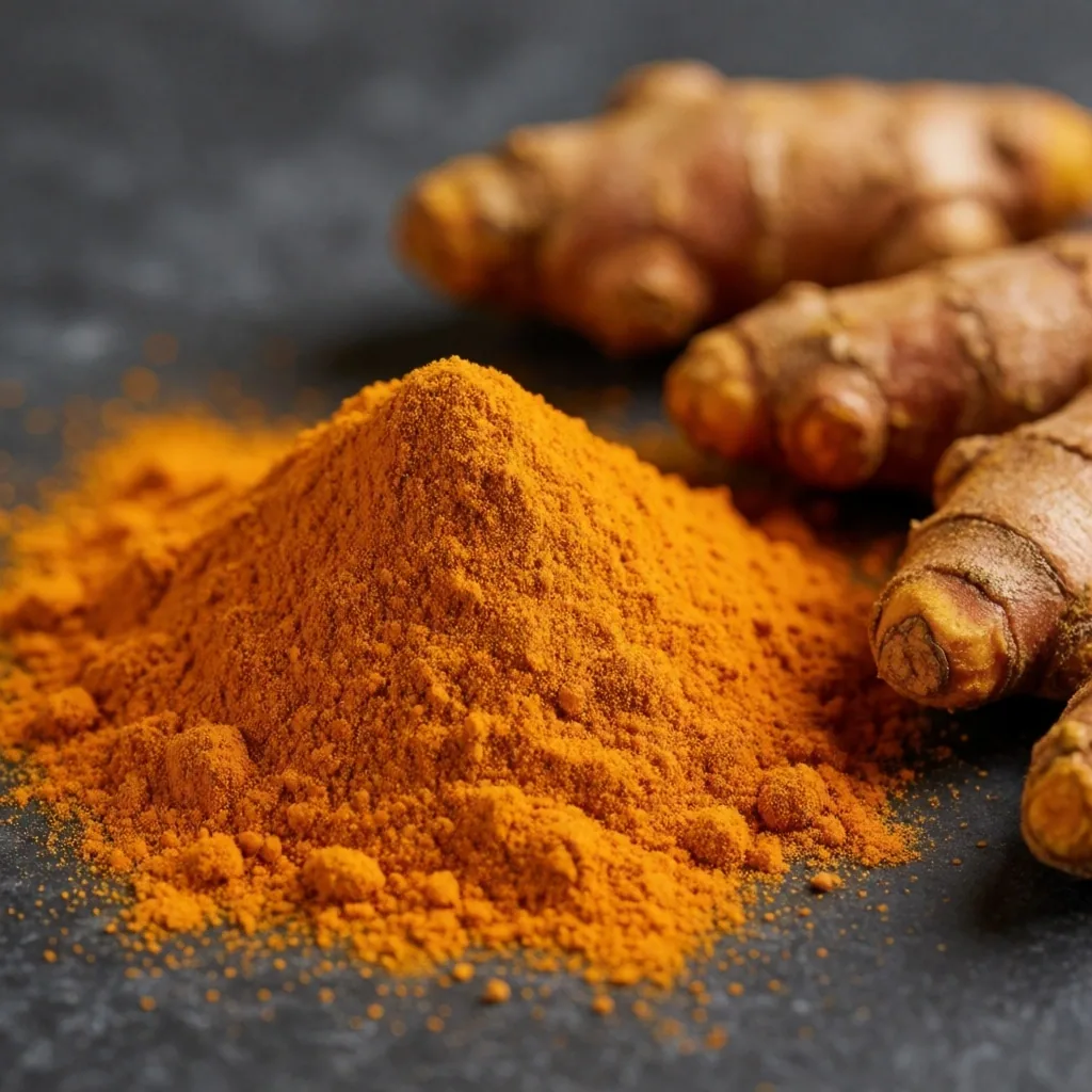 Turmeric powder and whole roots on stone